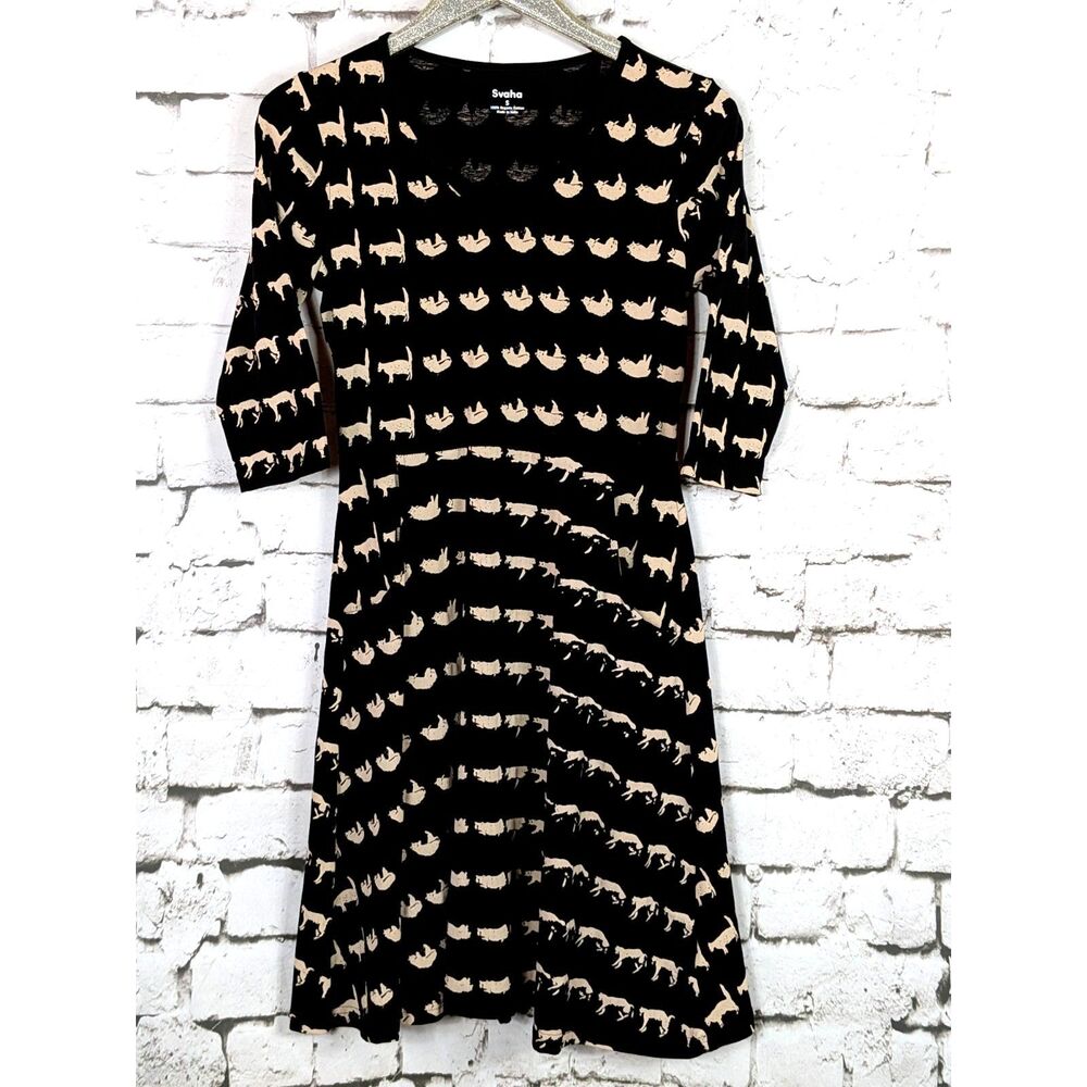 SVAHA 100% Organic Cotton Dress Novelty Quirky Cat Print Pockets Small